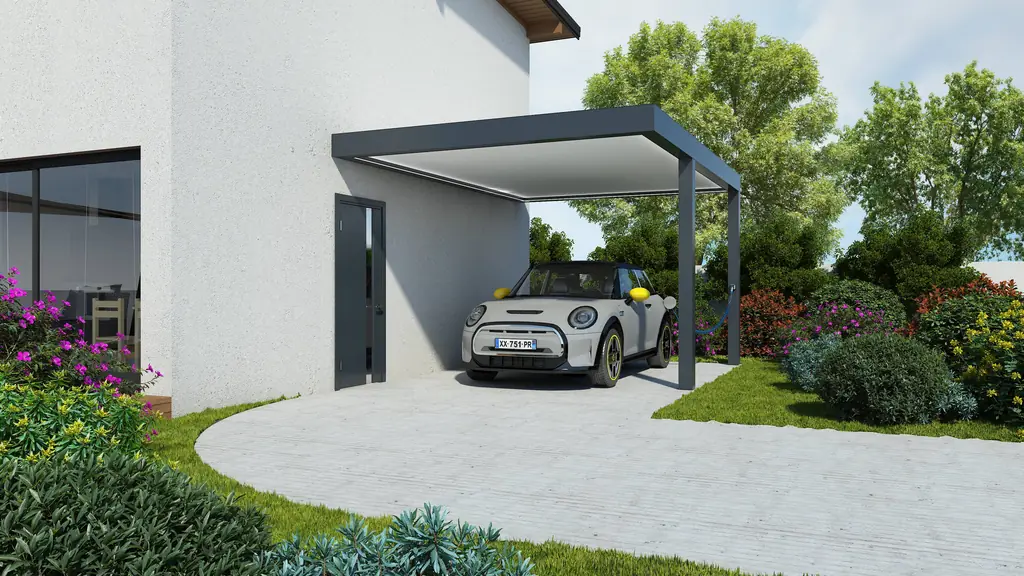 Carport adossé en aluminium anthracite avec une voiture