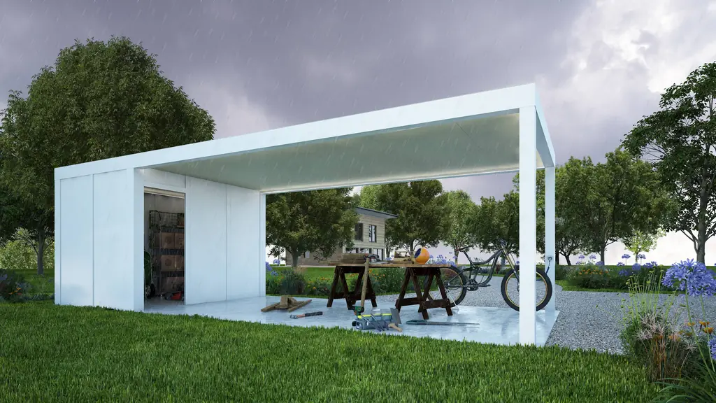 Pergola autoportante blanche avec abri fermé intégré