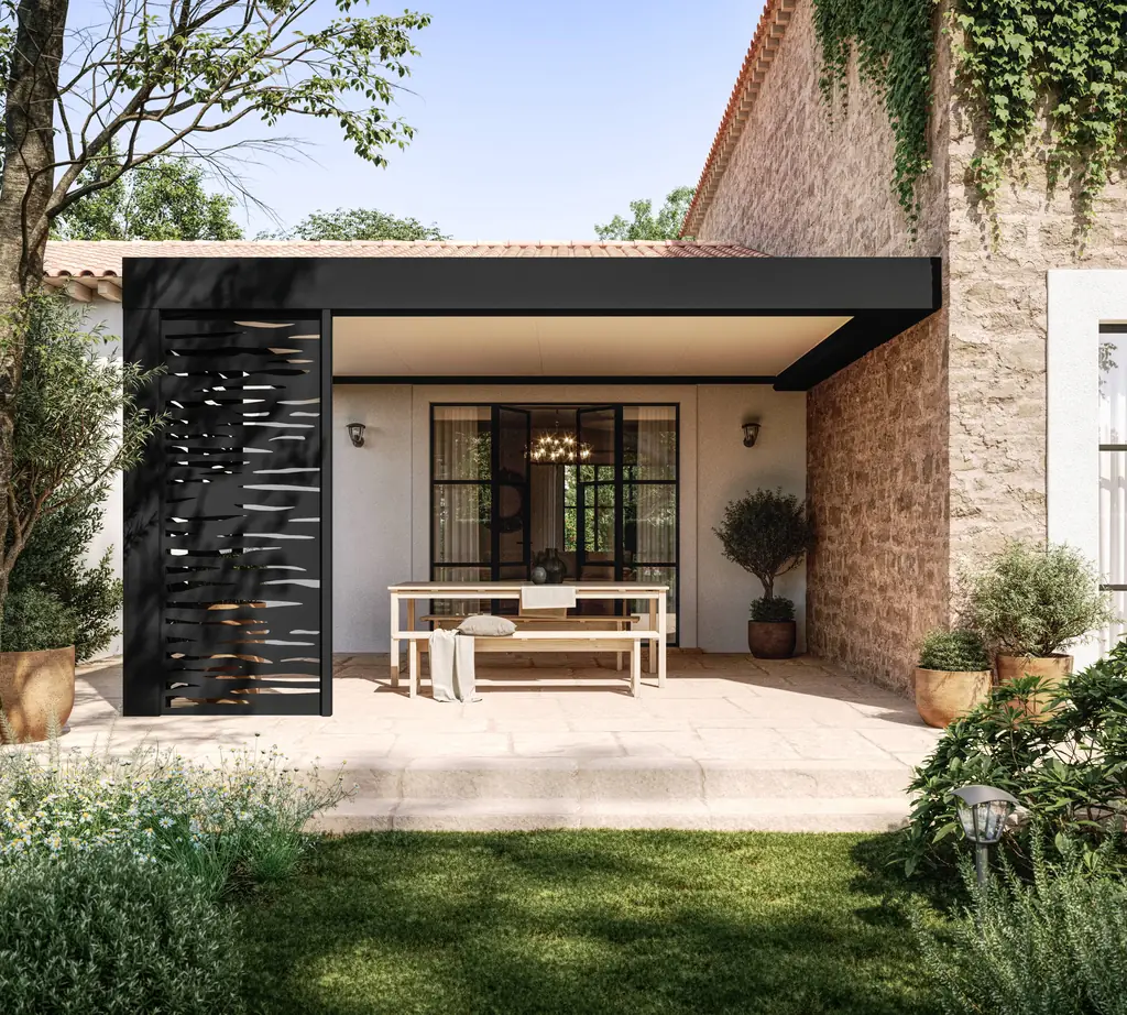Pergola adossée noire avec panneau décoratif