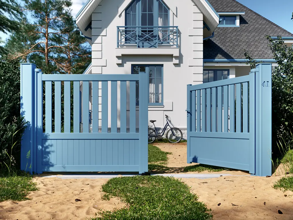 Portail battant bleu ouvert devant une maison