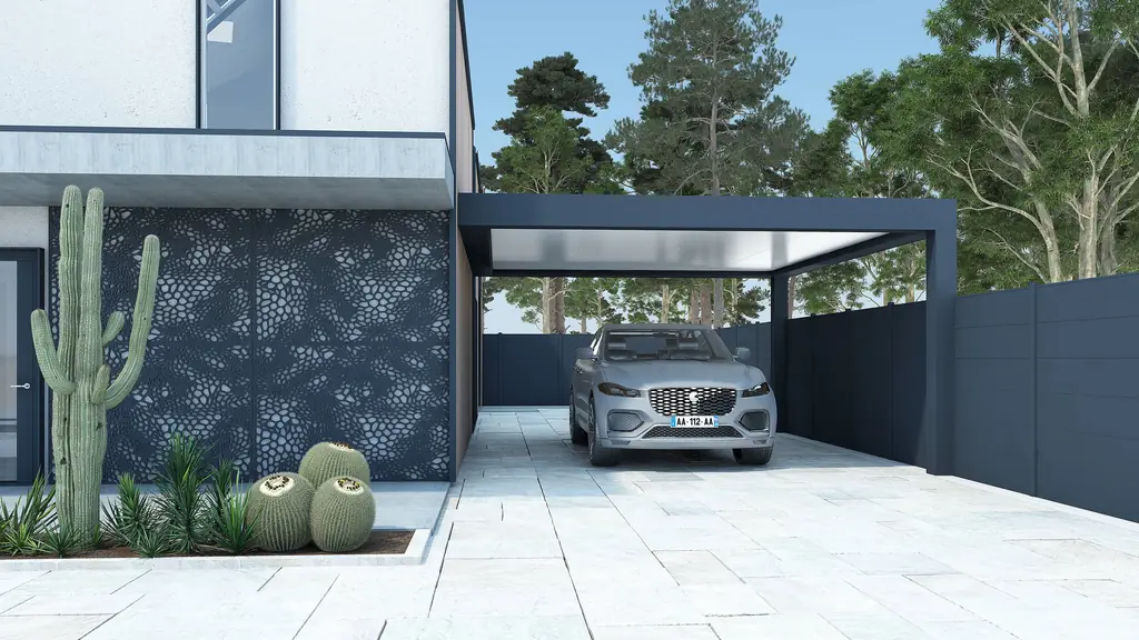 Carport autoportant en aluminium anthracite abritant une voiture