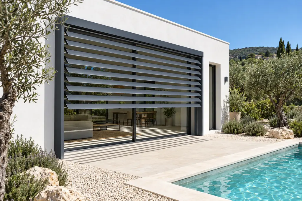 Brise-soleil à lames orientables devant une baie vitrée, au bord d’une piscine (illustration)
