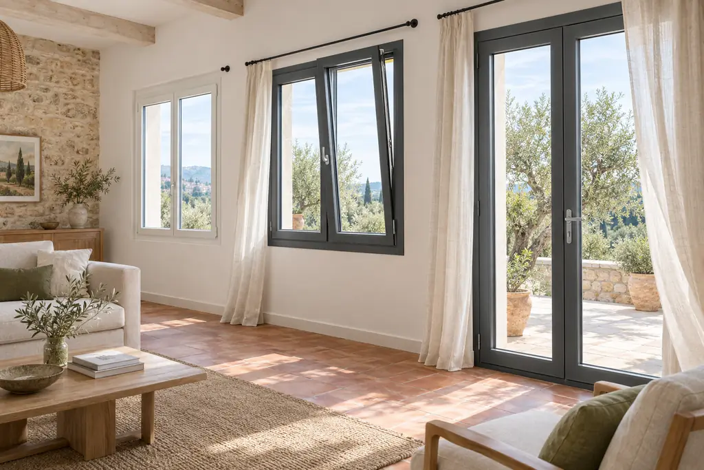 Séjour lumineux avec fenêtres et porte-fenêtre gris anthracite ouvertes sur une terrasse (illustration)
