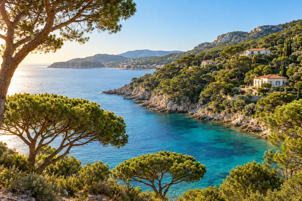 Côte varoise : pins parasols au-dessus d’une crique turquoise (illustration)