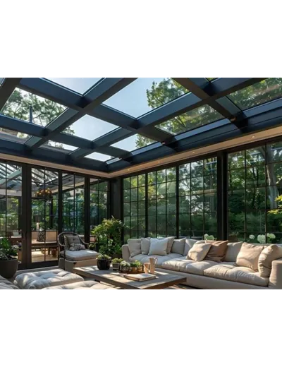Véranda contemporaine avec toit verrière panoramique