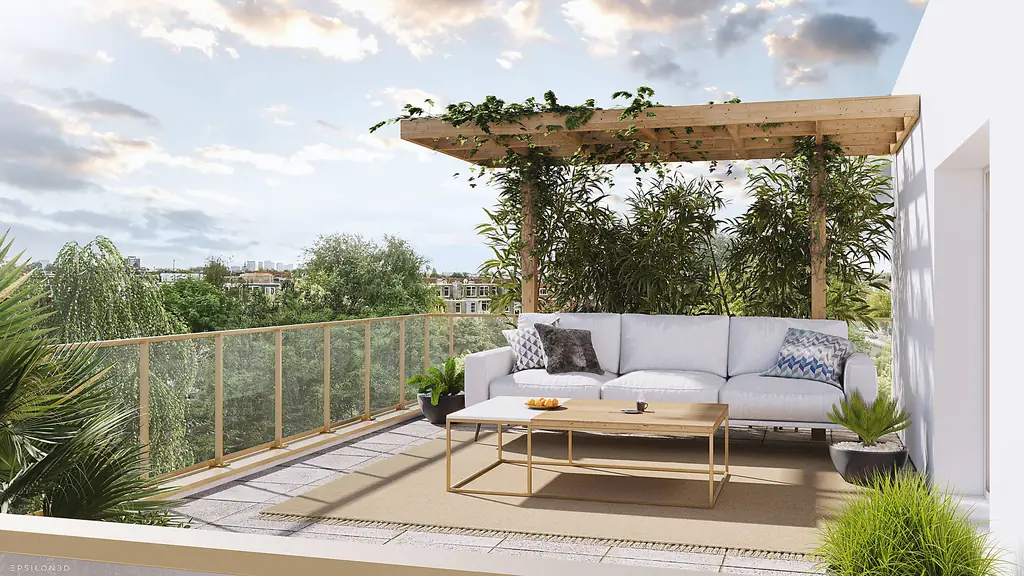 Pergola en bois sur une terrasse avec garde-corps vitré