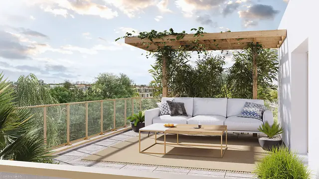 Pergola en bois sur une terrasse avec garde-corps vitré