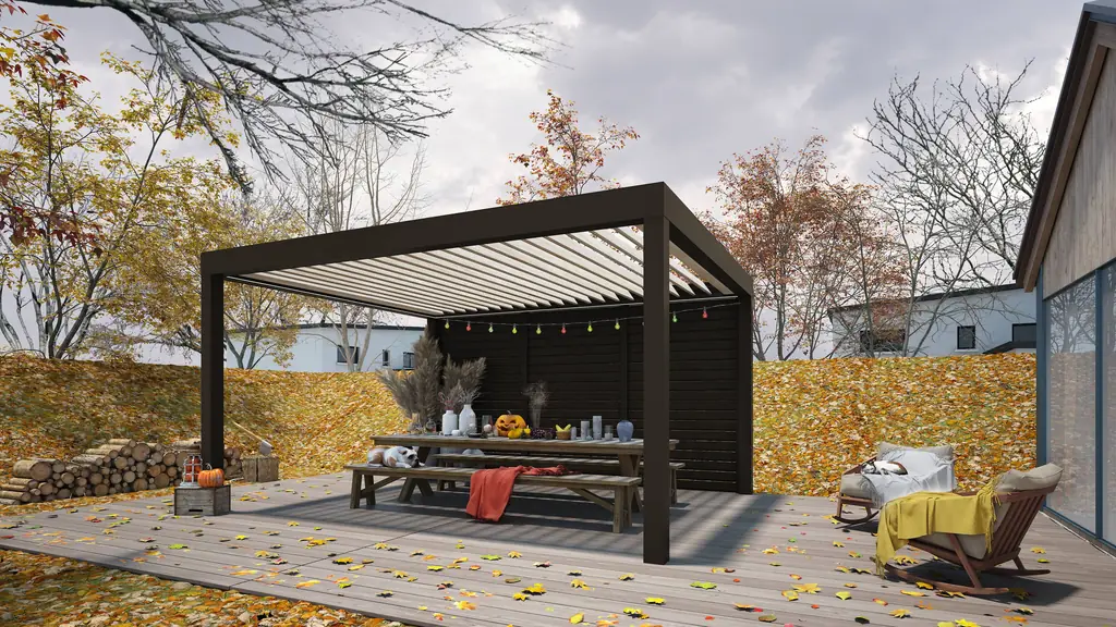 Pergola bioclimatique autoportante en îlot avec table de jardin