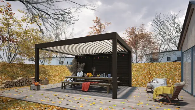 Pergola bioclimatique autoportante en îlot avec table de jardin