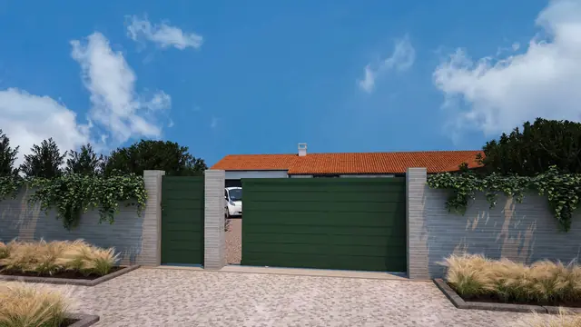 Portail coulissant et portillon en aluminium vert mousse